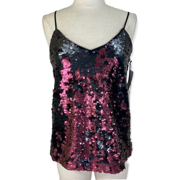 New 1.STATE Sequin Cami Top Dramatic Pause small V-Neck black burgundy camisole - Picture 2 of 12